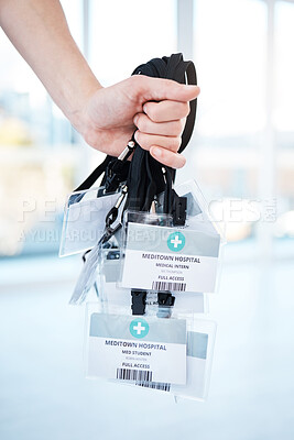 Buy stock photo Doctor, hands or ID cards in hospital identification, names or icu pass for clinic help, medical learning or education. Zoom, woman or healthcare worker nurse with tags lanyard for student internship