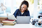 Woman, laptop or medical student books for research, education studying or college learning in university hospital. Smile, happy or healthcare nurse with technology in scholarship medicine internship