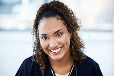 Buy stock photo Nurse, portrait or woman in hospital, clinic or wellness center for medical help, trust or Brazil medicine treatment. Smile, happy face or healthcare worker and vision, ideas or doctor life insurance