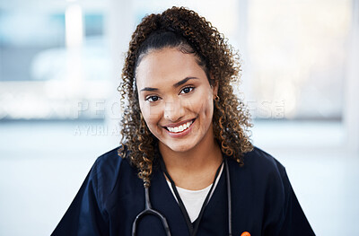 Buy stock photo Doctor, portrait or woman in hospital, clinic or wellness center for medical help, trust or Brazil medicine treatment. Smile, happy face or healthcare worker and vision, ideas or nurse life insurance