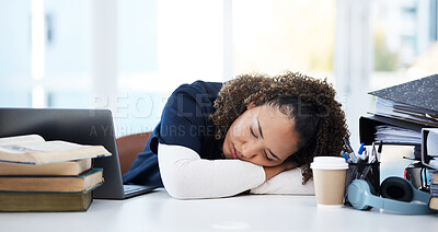 Buy stock photo Woman, laptop or sleeping medical student in stress, research books burnout or hospital learning fatigue. Tired, exhausted or asleep healthcare nurse by technology in scholarship medicine internship