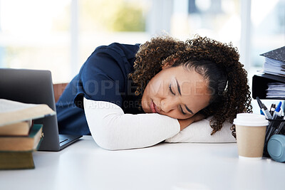Buy stock photo Woman, technology or sleeping medical student in tired, research books burnout or hospital learning fatigue. Stress, exhausted or asleep healthcare nurse by laptop in scholarship medicine internship