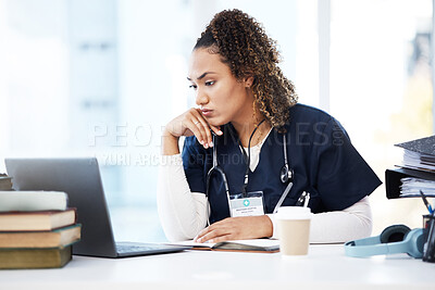 Buy stock photo Healthcare, laptop and research with a woman nurse reading information in a hospital for diagnosis. Medical, insurance and education with a female med student working in a clinic for data analysis