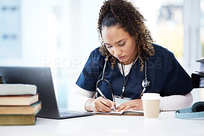 Buy stock photo Medical student, laptop or writing books in research education, wellness studying or hospital learning college. Thinking, nurse or healthcare woman with technology in scholarship medicine internship