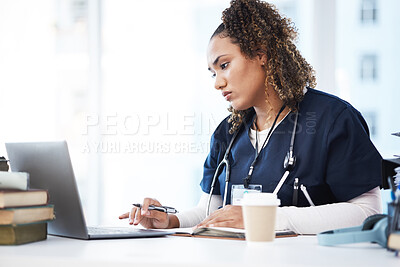 Buy stock photo Medical, laptop and research with a woman nurse reading information in a hospital for diagnosis. Healthcare, insurance and education with a female med student working in a clinic for data analysis