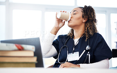Buy stock photo Medical student, technology and drinking coffee in hospital studying burnout, education books research or wellness learning. Tired, nurse or healthcare woman with drink, laptop or medicine internship