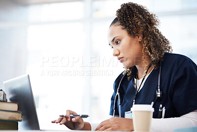 Buy stock photo Healthcare, laptop and insurance with a black woman nurse reading information in a hospital for diagnosis. Medical, research and education with a serious female med student working in a clinic