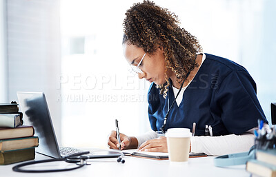 Buy stock photo Medical student, thinking or writing books in hospital research, wellness studying or education learning. Laptop, nurse or healthcare woman and notebook, technology or scholarship medicine internship