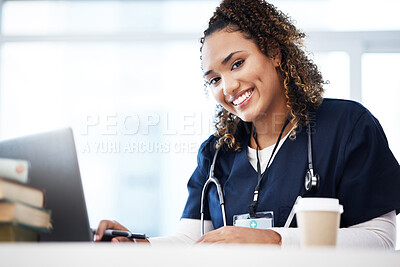 Buy stock photo Woman, laptop or medical student portrait with research books, education studying or learning in university hospital. Smile, happy or healthcare nurse on technology in scholarship medicine internship