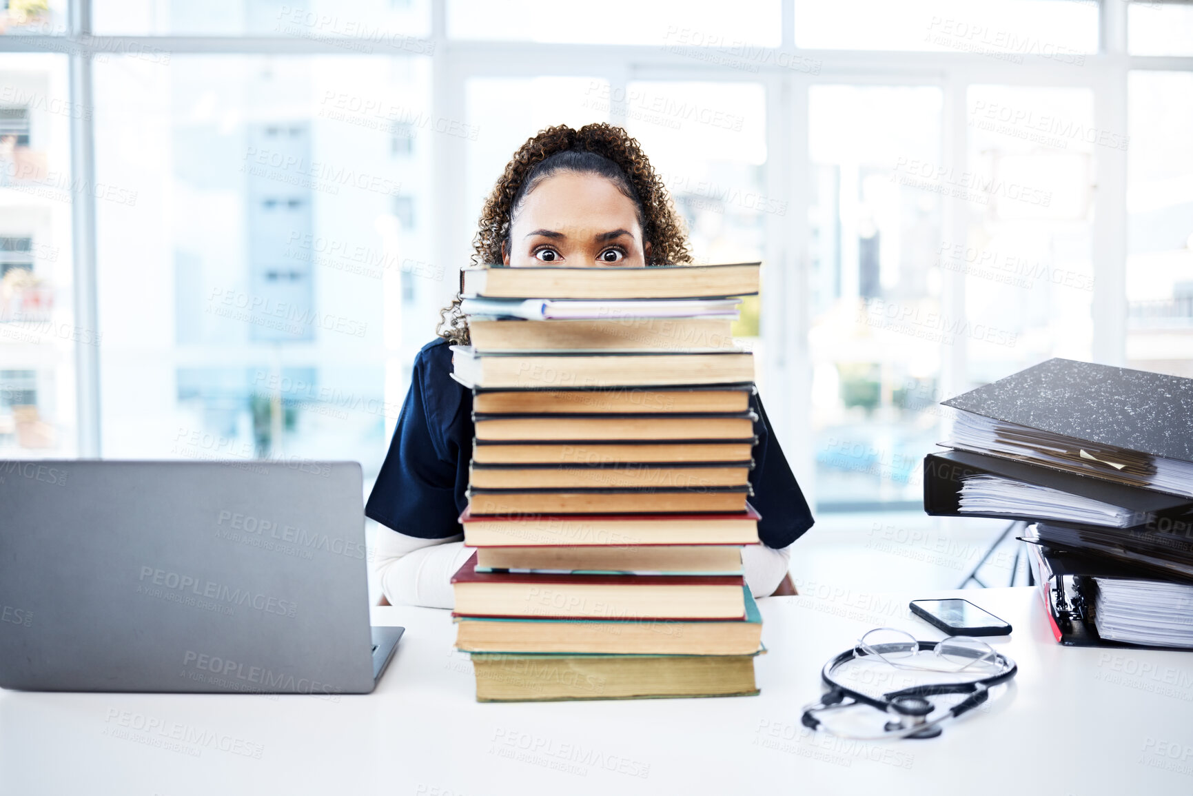 Buy stock photo Nurse, portrait or books stack in hospital research, medical student study or medicine scholarship education. Woman, doctor or healthcare university notebook and laptop technology or learning anxiety