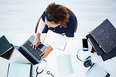 Buy stock photo Top view, laptop or woman in hospital research, education studying or university books learning for medical student. Above, nurse or healthcare worker on technology in scholarship medicine internship