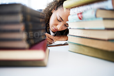 Buy stock photo Student, writing or books pile in hospital research, education studying or university learning in medical school. Thinking, woman or healthcare nurse with notebook for medicine internship scholarship