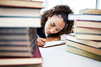 Student, writing or books stack in hospital research, education studying or university learning in medical school. Thinking, woman or healthcare nurse and notebook for medicine internship scholarship