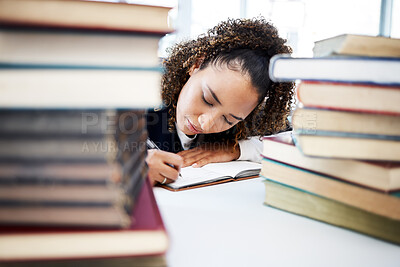 Buy stock photo Student, writing or books stack in hospital research, education studying or university learning in medical school. Thinking, woman or healthcare nurse and notebook for medicine internship scholarship