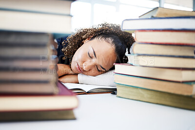 Buy stock photo Woman, sleeping or medical student in stress, hospital research burnout or learning books fatigue. Tired, exhausted or asleep healthcare nurse in notebook studying or scholarship medicine internship