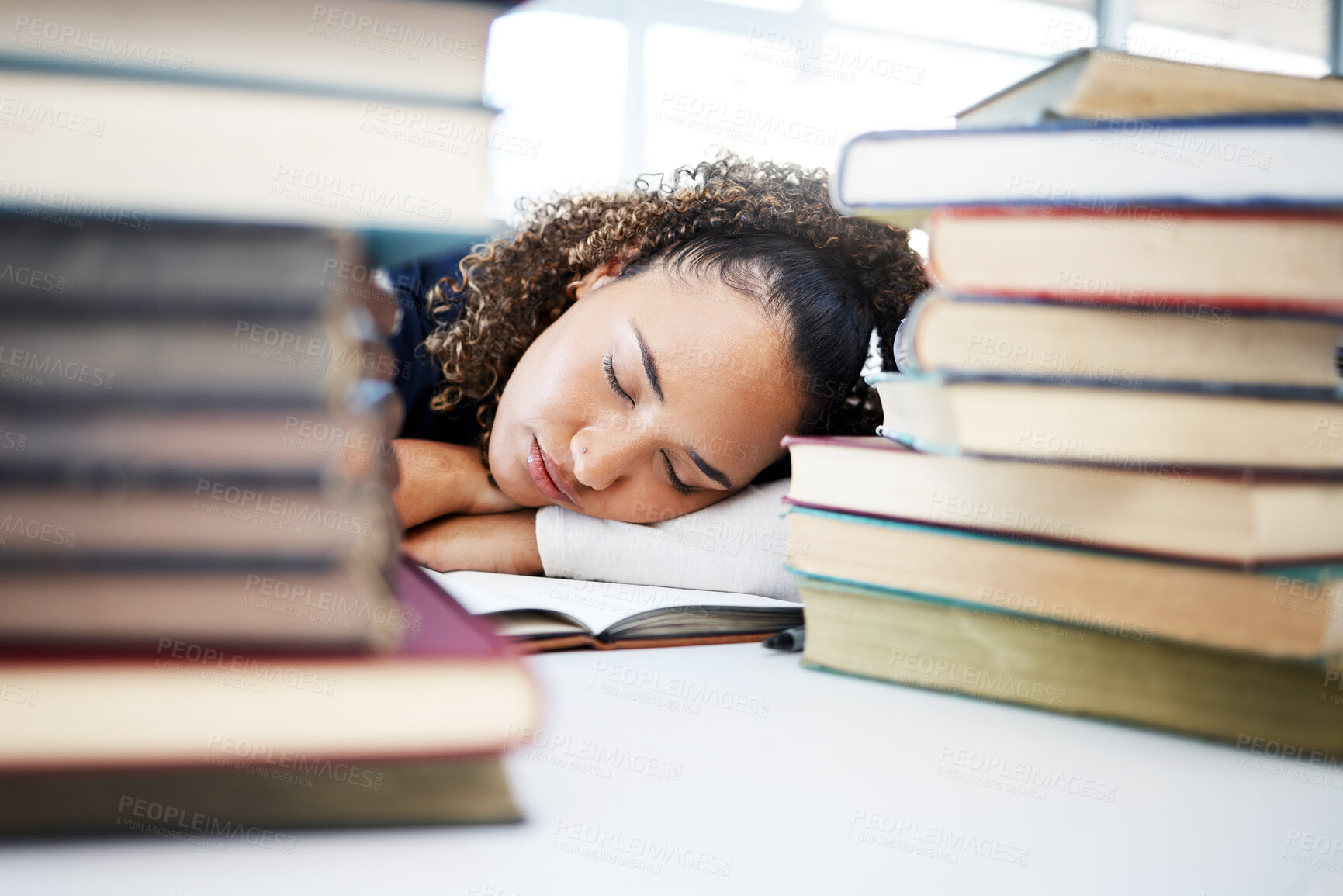 Buy stock photo Woman, sleeping or medical student in stress, hospital research burnout or learning books fatigue. Tired, exhausted or asleep healthcare nurse in notebook studying or scholarship medicine internship