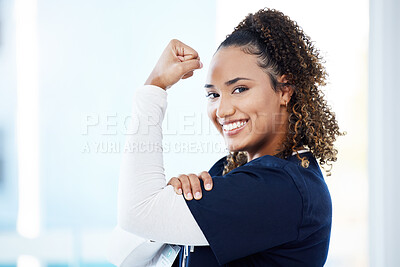 Buy stock photo Nurse, portrait or flexing muscle in hospital success, medical trust or empowerment strength on mockup. Smile, happy or doctor in strong bicep for woman healthcare, wellness leadership or motivation