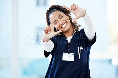 Buy stock photo Doctor, portrait or finger frame in hospital about us, medical trust or medicine empowerment on help mock up. Smile, happy or nurse in photography border, hands gesture or woman healthcare wellness