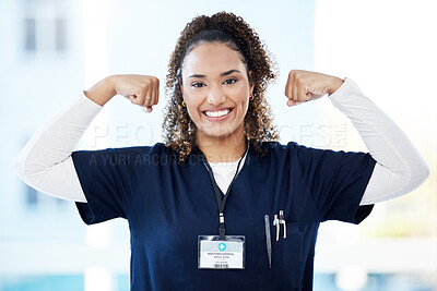 Buy stock photo Doctor, portrait or flexing muscle in hospital success, medical trust or empowerment strength on mockup. Smile, happy or nurse in strong biceps for woman healthcare, wellness leadership or motivation