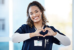 Nurse, portrait or heart hands in hospital wellness, medicine trust or medical support in life insurance, help or vote. Smile, happy or doctor with love gesture in healthcare, emoji or woman security