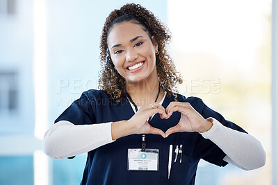 Buy stock photo Nurse, portrait or heart hands in hospital wellness, medicine trust or medical support in life insurance, help or vote. Smile, happy or doctor with love gesture in healthcare, emoji or woman security