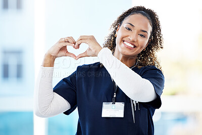 Buy stock photo Doctor, portrait or heart hands in hospital wellness, medicine trust or medical support in life insurance, help or vote. Smile, happy or nurse with love gesture in healthcare, emoji or woman security