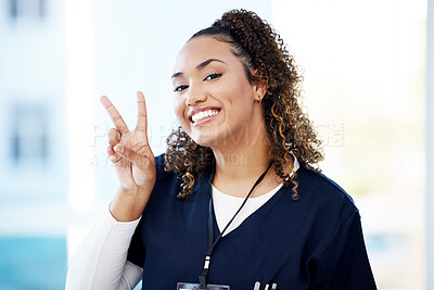 Buy stock photo Doctor, portrait and peace sign hands in hospital wellness, medicine trust or medical support of life insurance, help or vote. Smile, happy and nurse with number gesture in healthcare or woman emoji