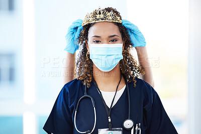 Buy stock photo Crown, face mask and portrait of a woman nurse with an award, achievement or promotion in the hospital. Success, healthcare and female doctor with tiara for celebration, motivation or gift in clinic.