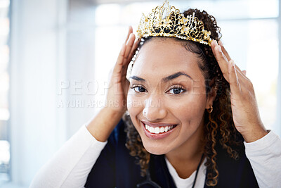Buy stock photo Doctor woman, crown and success portrait for career goals, achievement and celebration for smile in clinic. Happy medic, nurse and excited face, award and winning in hospital workplace to celebrate