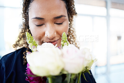 Buy stock photo Woman, face and flowers for valentines day, love and care as gift for kindness, birthday or romance. Model person with rose flower bouquet to smell fragrance with gratitude, happiness and hope
