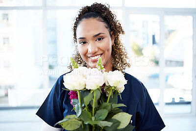Buy stock photo Happy, portrait and woman nurse with flowers for valentines day, romance or anniversary in the hospital. Happiness, smile and female healthcare worker with a floral bouquet of roses in the clinic.