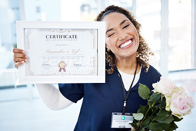 Buy stock photo Certificate, flowers and portrait with a black woman graduate or nurse in the hospital, proud of her achievement. Smile, graduation and qualification with a happy young female standing in a clinic