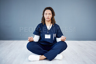 Buy stock photo Nurse, calm or sitting meditation on hospital mockup, clinic mock up or wall for mental health, peace or chakra wellness. Doctor, healthcare or meditating woman for zen mindset, relax energy or yoga