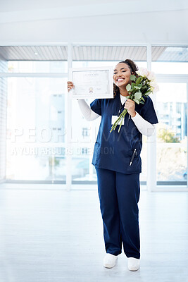 Buy stock photo Nursing, celebration and black woman graduate with smile, flowers and ADN certificate at hospital. Healthcare, education and nurse at graduation, happy scholarship qualification and academic award.