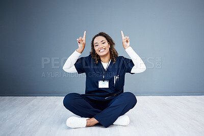 Buy stock photo Nurse, portrait or pointing up at hospital promotion, life insurance deal or advertising mockup space. Smile, happy or doctor showing hands at woman healthcare, wellness mock up or volunteer branding