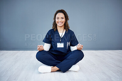 Buy stock photo Nurse, portrait or sitting meditation on hospital mockup, clinic mock up or wall for mental health, peace or chakra healthcare. Smile, happy or woman doctor in meditate pose for zen mindset or relax