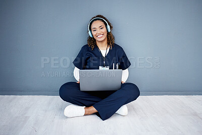 Buy stock photo Portrait, laptop or headphones of hospital music, podcast or radio in woman study research or mock up nurse learning. Smile, happy or medical student on technology and listening to healthcare audio