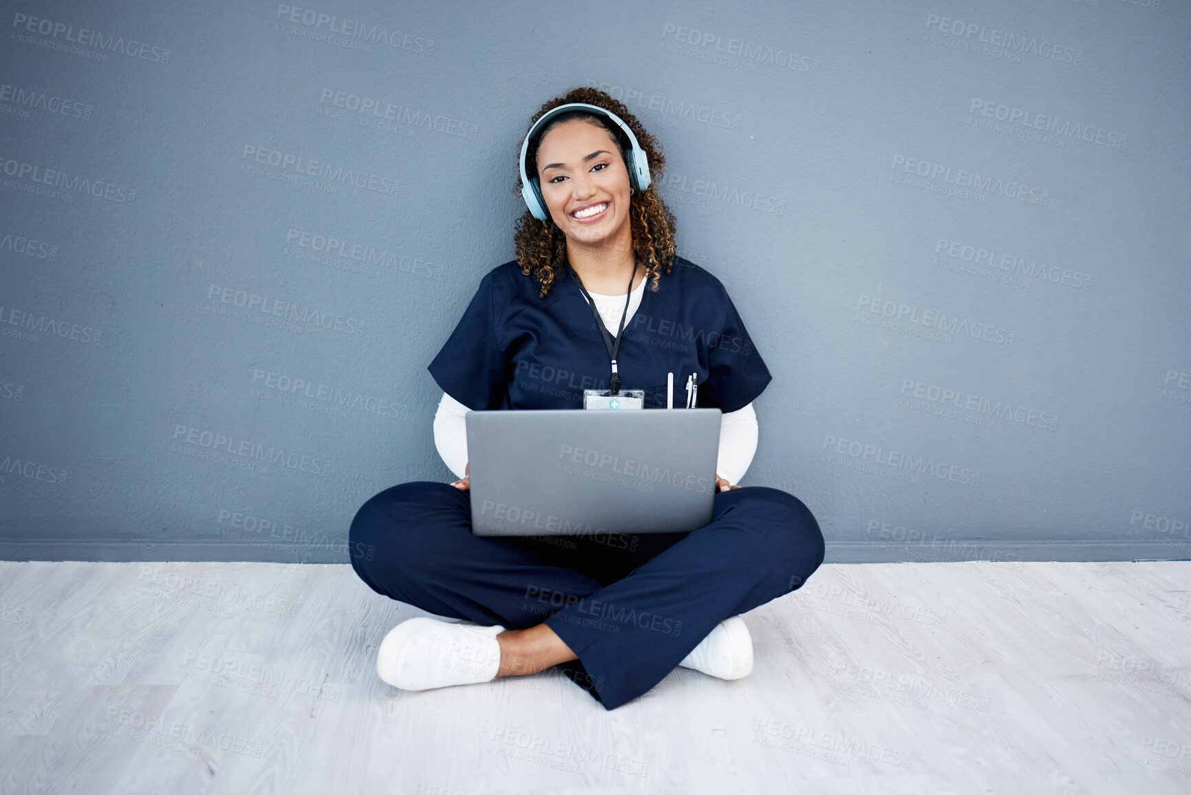 Buy stock photo Portrait, laptop or headphones of hospital music, podcast or radio in woman study research or mock up nurse learning. Smile, happy or medical student on technology and listening to healthcare audio