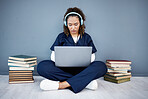 Doctor, laptop and headphones of hospital music, podcast or radio in woman study research or mock up learning. Thinking, technology and medical student listening to healthcare audio for books success