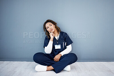 Buy stock photo Nurse, sitting or thinking of hospital treatment, medicine innovation or surgery planning on mock up wall. Doctor, woman or healthcare worker and ideas, vision or decision for wellness life insurance