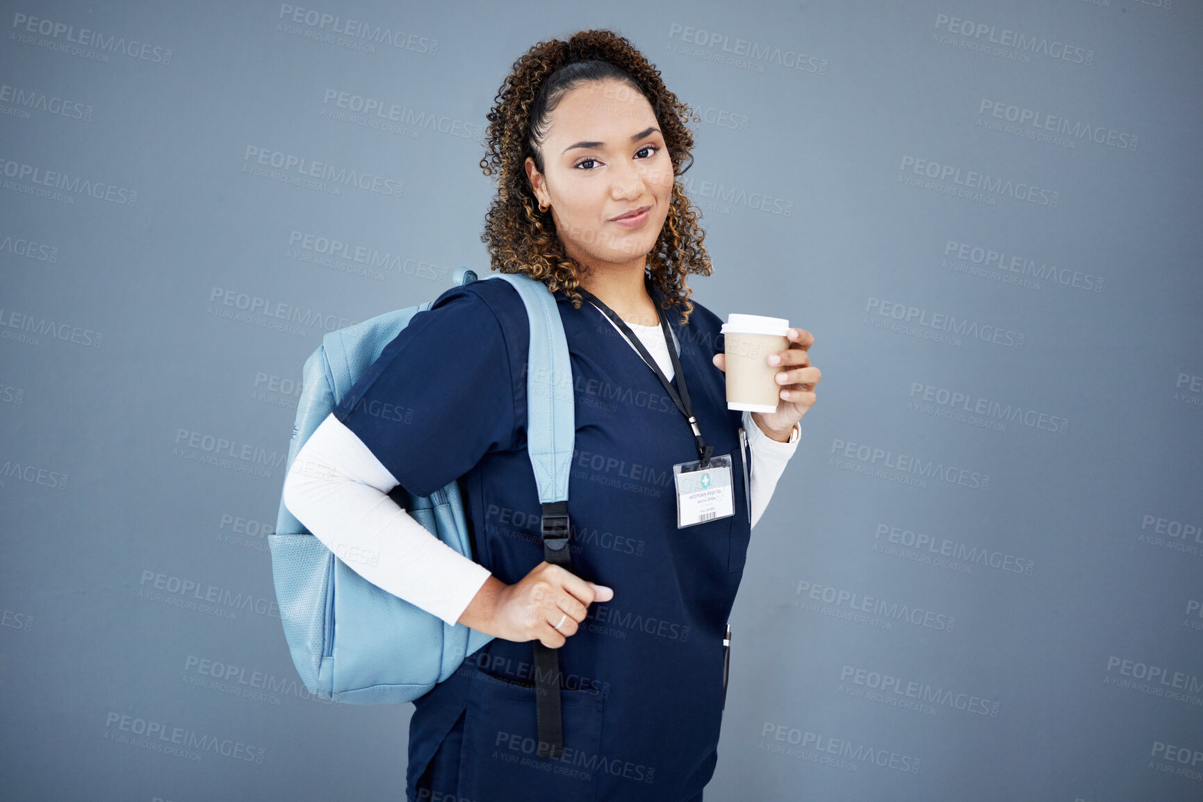 Buy stock photo Nurse, portrait or backpack for medical student, hospital internship or medicine university on isolated wall mockup. Smile, happy or doctor and coffee, ideas or healthcare goals  for woman learning