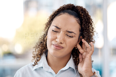 Buy stock photo Earache, injury and woman with a hearing problem from noice, loud music and deaf. Stress, pain and business employee with tinnitus, pressure from sound and infection in the ear in the workplace