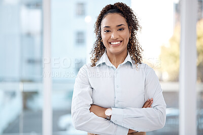 Buy stock photo Business, success and portrait of black woman with smile, crossed arms and happy for vision, ideas and startup. Corporate leader, office and female entrepreneur in Mexico for goals, mission and pride