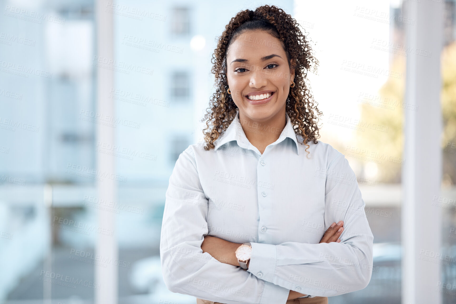 Buy stock photo Business, success and portrait of black woman with smile, crossed arms and happy for vision, ideas and startup. Corporate leader, office and female entrepreneur in Mexico for goals, mission and pride