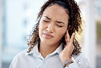 Injury, earache and medical with woman in pain for tinnitus, sound and noise problem. Healthcare, pressure and hearing loss with girl suffering with nerve infection for loud, deaf risk and illness