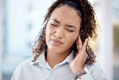 Buy stock photo Injury, earache and medical with woman in pain for tinnitus, sound and noise problem. Healthcare, pressure and hearing loss with girl suffering with nerve infection for loud, deaf risk and illness