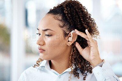Buy stock photo Hearing aid, black woman and deaf ear and technology device to listen, communication and support. Face of person with healthcare, health insurance and sound problem with audio object and innovation