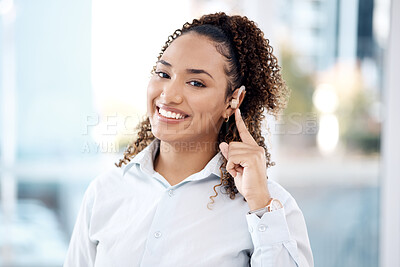 Buy stock photo Deaf, hearing aid and woman with disability and healthcare tech, portrait with health insurance and hearing aid. Medical, listening device or ear piece, young professional with help and communication