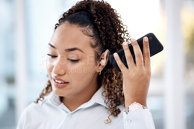 Buy stock photo Black woman, phone call and loudspeaker to listen in office with hearing aid for corporate communication. Young executive, smartphone accessibility and disability in workplace with networking 