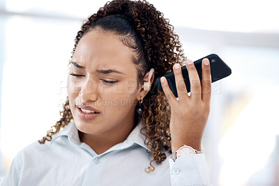 Buy stock photo Voice, massage and businesswoman on phone audio listening and frustrated, confused and annoyed. Employee, worker and female with using online, website or web app for communication in an office